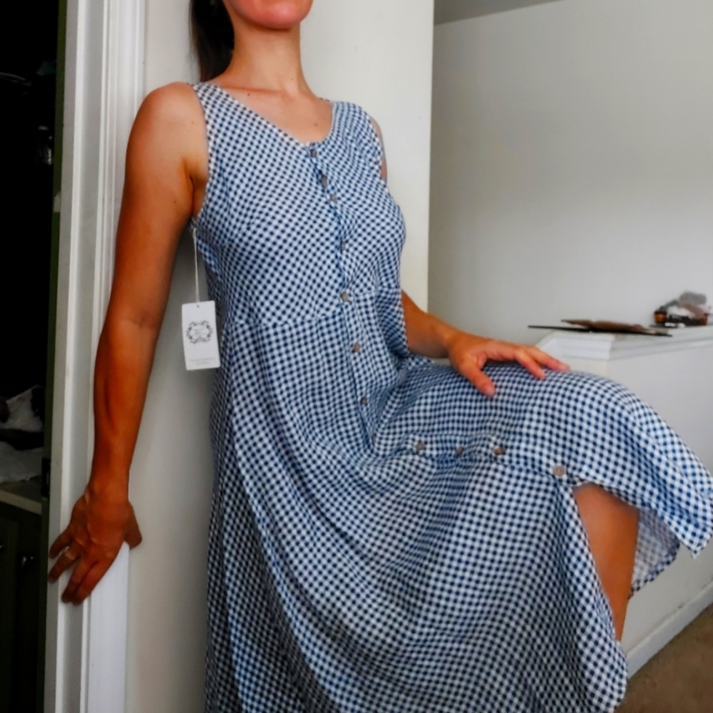 100% linen VINTAGE italian dress checker blue white farm dress